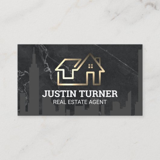 Carte De Visite Logo Gold Real Estate | Ville Skyline | Marbre (Devant)