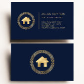 Carte De Visite Logo Immobilier Maison Clé grecque Cadre Bleu Or