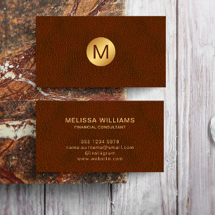 Carte De Visite Logo initial en cuir et or Brown Faux Classy