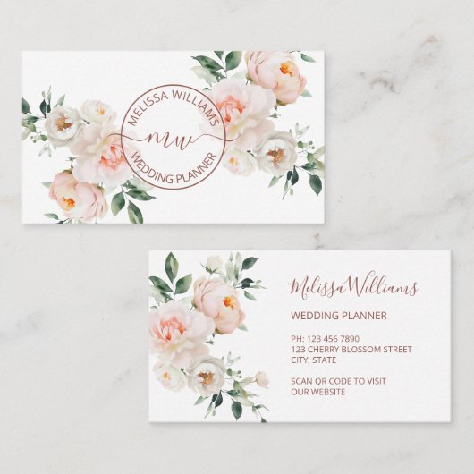 Carte De Visite Logo Initiales Fleurs Rouges Blanches (Devant / Derrière)