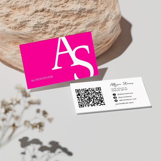 Carte De Visite Logo initiales néon rose gras maquillage code qr