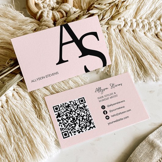 Carte De Visite Logo initiales rose blush bold maquillage code qr