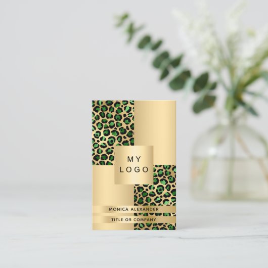 Carte De Visite logo léopard vert émeraude code QR (Debout devant)