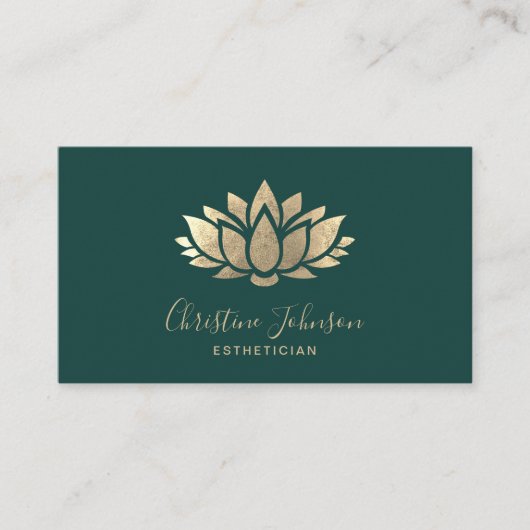 Carte De Visite logo lotus en feuille d'or faux sur vert foncé (Devant)