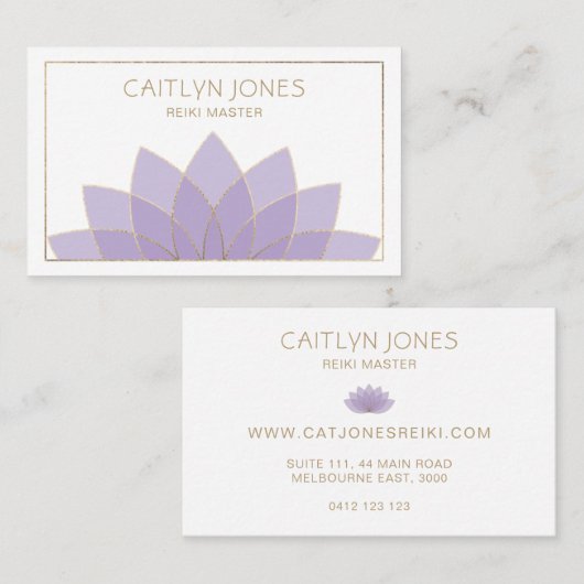 Carte De Visite Logo Lotus Purple Et Or Yoga | Reiki (Devant / Derrière)
