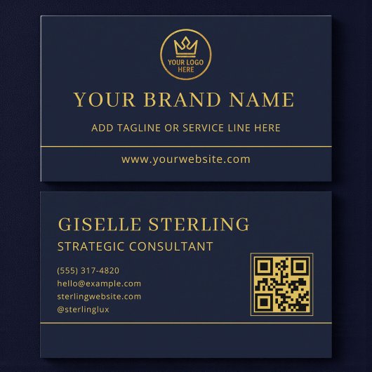 Carte De Visite Logo Luxe Bleu Or Code QR