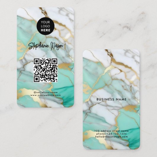 Carte De Visite Logo Marbre Or Vert Élégant & Code QR Moderne (Devant / Derrière)