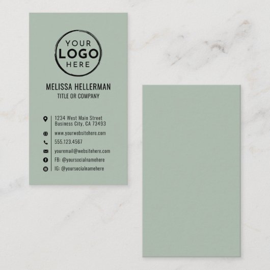 Carte De Visite Logo Minimal Moderne Vertical Vert Sauge (Devant / Derrière)
