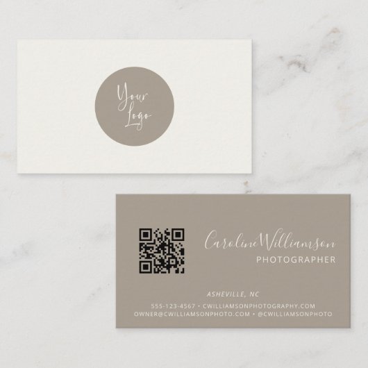 Carte De Visite Logo Moderne Bohème Taupe Code QR Simple Minimalis (Devant / Derrière)