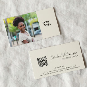 Carte De Visite Logo Moderne Boho Code QR Photo Noir et Blanc