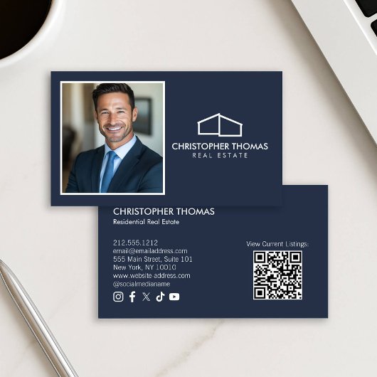 Carte De Visite Logo moderne Realtor Photo Marine Blue