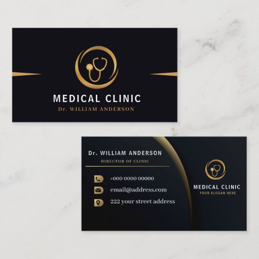Carte De Visite Logo Monogramme Gold Médicale Stethoscope (Devant / Derrière)