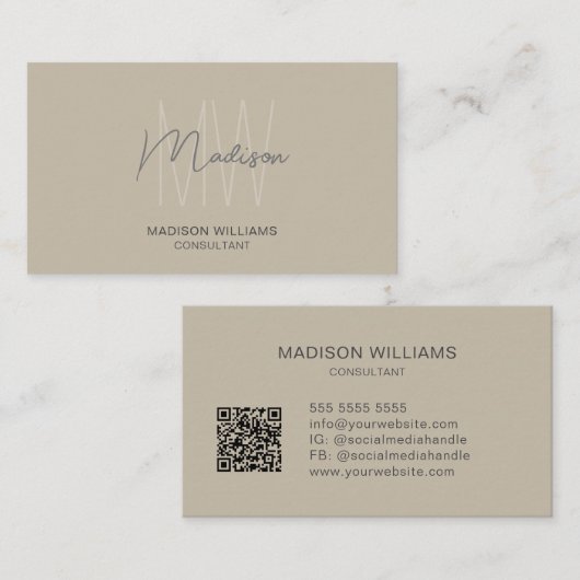 Carte De Visite Logo Monogramme Moderne Code QR Beige Consultant (Devant / Derrière)
