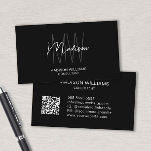 Carte De Visite Logo Monogramme Moderne Consultant QR Noir Blanc
