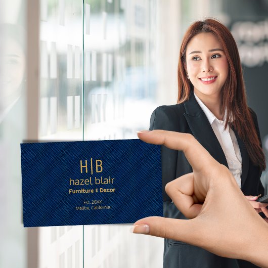 Carte De Visite Logo Monogramme Or Moderne Carré bleu