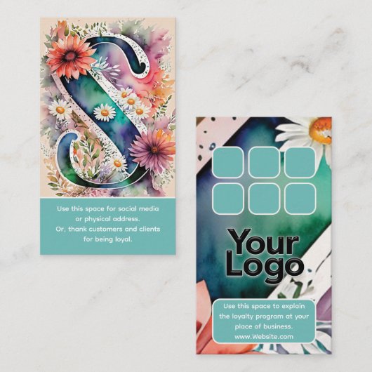 Carte De Visite Logo monogramme S Daisy Floral Aquarelle (Devant / Derrière)