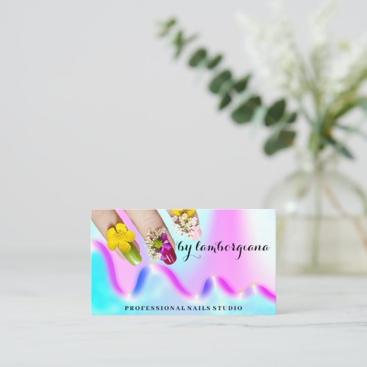 Carte De Visite Logo Nails Studio Holographe QR Code Elegant (Debout devant)