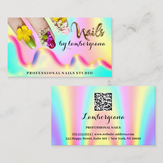 Carte De Visite Logo Nails Studio Holographe QR Code Mermaid Gold (Devant / Derrière)