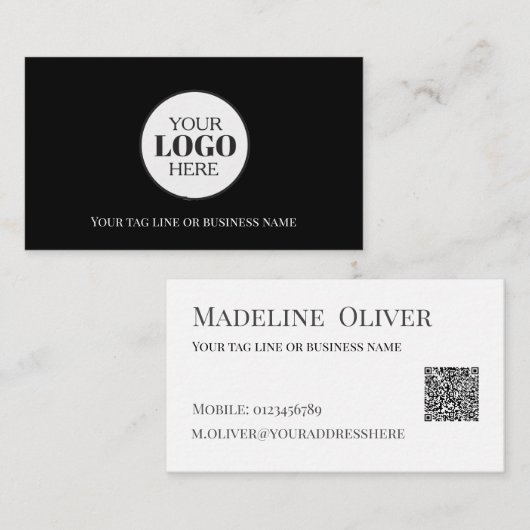 Carte De Visite Logo noir blanc Code QR simple (Devant / Derrière)