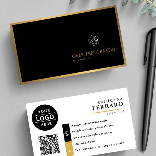 Carte De Visite Logo noir blanc QR Code Gold Border Bakery