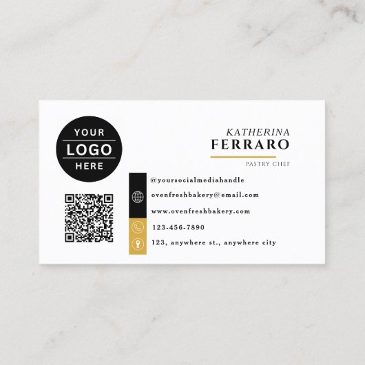Carte De Visite Logo noir blanc QR Code Gold Border Bakery (Dos)