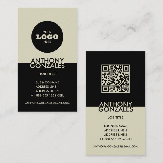 Carte De Visite Logo noir minimal à deux tons élégant Code QR (Devant / Derrière)