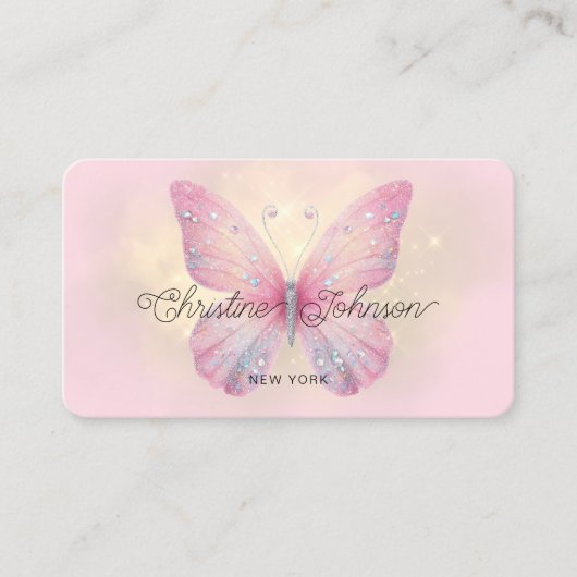 Carte De Visite logo papillon en faux parties scintillant rose (Devant)