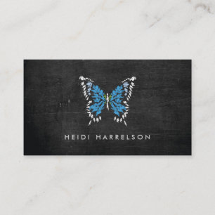Carte De Visite Logo Papillon peint en bleu sur bois noir
