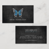 Carte De Visite Logo Papillon peint en bleu sur bois noir (Devant / Derrière)