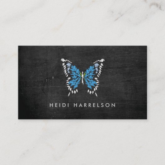 Carte De Visite Logo Papillon peint en bleu sur bois noir (Devant)