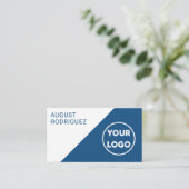 Carte De Visite Logo personnalisable QR Code bleu blanc géométriqu (Debout devant)