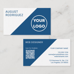 Carte De Visite Logo personnalisable QR Code bleu blanc géométriqu