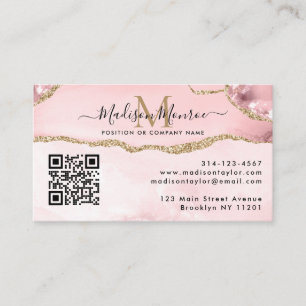 Carte De Visite Logo personnalisé Blush Pink Code QR Agate Monogra
