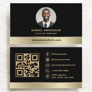 Carte De Visite Logo personnalisé Elegant Black Gold QR Code Photo