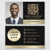 Carte De Visite Logo personnalisé Elegant Black Gold QR Code Photo