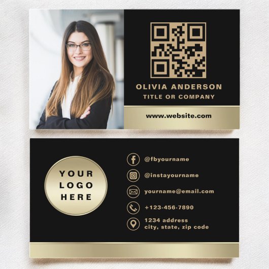 Carte De Visite Logo personnalisé Elegant Black Gold QR Code Photo