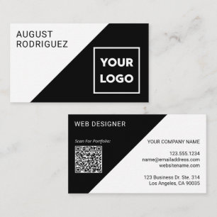 Carte De Visite Logo personnalisé QR Code noir blanc géométrique
