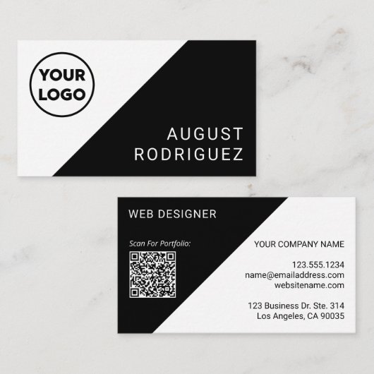 Carte De Visite Logo personnalisé QR Code noir blanc géométrique (Devant / Derrière)