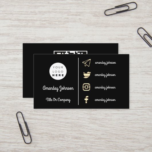 Carte De Visite Logo personnalisé Social Media Gold QR Code noir b (Devant/Arrière en situation)