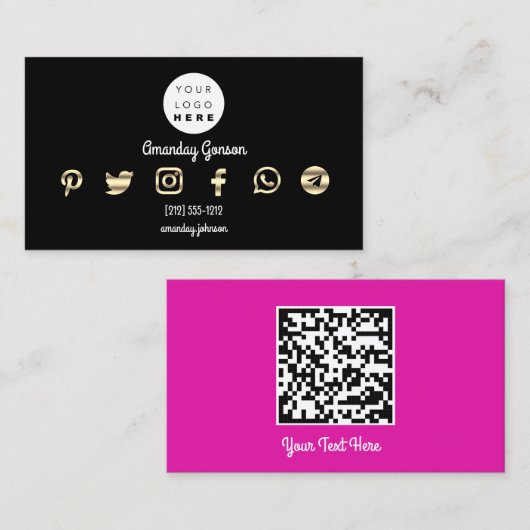 Carte De Visite Logo personnalisé Social Media Gold Rose QR Code P (Devant / Derrière)