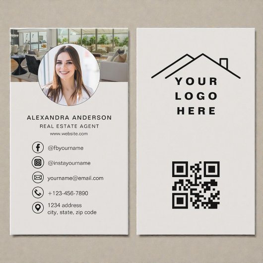 Carte De Visite Logo photo agent immobilier Code QR beige
