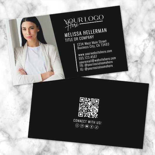 Carte De Visite Logo photo Black Modern Professional QR Code