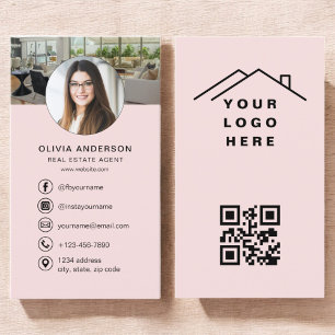 Carte De Visite Logo photo de l'agent immobilier de code QR rose