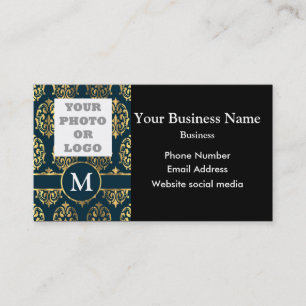 Carte De Visite Logo photo modèle bleu turquoise et or damassé