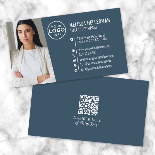 Carte De Visite Logo photo Modern Blue Professional QR Code