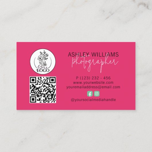 Carte De Visite Logo Photo Plum & Pink QR Code (Dos)