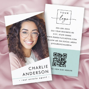 Carte De Visite Logo photo QR code moderne blanc clair aqua bleu