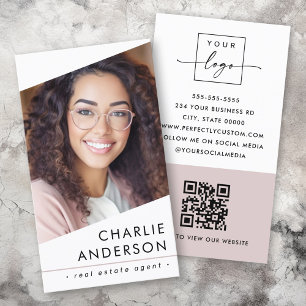 Carte De Visite Logo photo QR code moderne blanc clair rose taupe