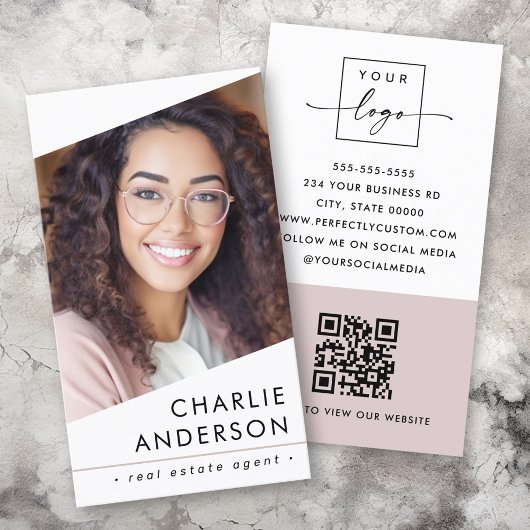 Carte De Visite Logo photo QR code moderne blanc clair rose taupe