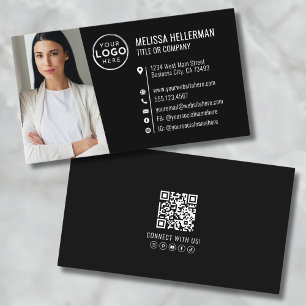 Carte De Visite Logo photo QR Code professionnel noir moderne